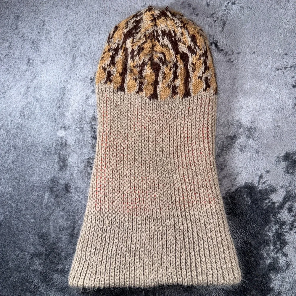Handmade Reversible Knit Balaclava Face Mask Tan Brown Pattern Neon Orange Camo